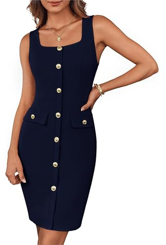 GRACE KARIN Damen Elegant Kleid Bodycon Arbeit Büro Formales Minikleid Bleistiftkleid Langarm Hochzeit Gast Kleider Quadratischer Ausschnitt Party CocktailKleid Marineblau S