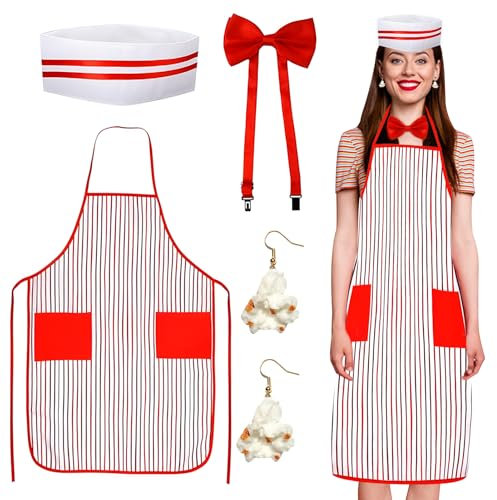 Ourdort 4 PCS Popcorn Kostüm, Kellner Kostüm im 50er Jahre Stil, Schürze Kochmütze Fliege Und Popcorn-Ohrringe Set,Karneval Zirkus Cosplay Party