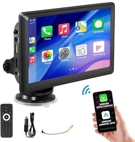 Wireless Apple CarPlay Android Auto Screen, Car Stereo 7 HD Touchscreen Car Play Screen, Portable Navigation Radio Vedio Player with Bluetooth WiFi, Live Navigation, Voice Control, Mirror Link