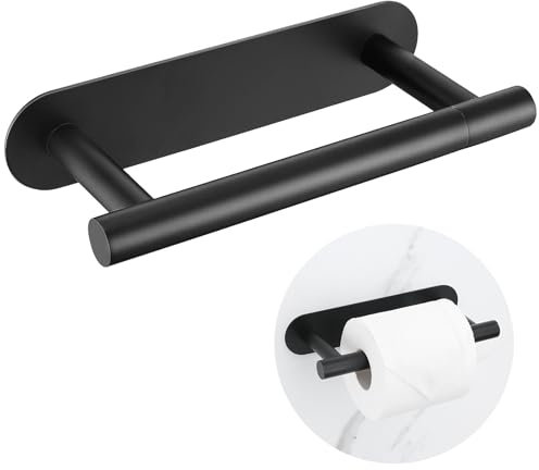 TURS Toilet Roll Holder Self Adhesive, Double Post Pivoting Toilet Tissue Holders Roll Holder, Black Stainless Steel No Drilling Paper Holder for Bathroom