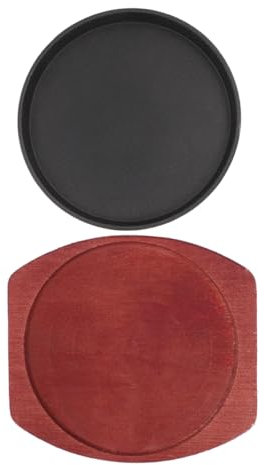 POPETPOP Molde Para Hornear De Hierro Fundido Sartén Redonda Para Fajitas Con Base De Madera Plancha Antiadherente Para Carne Chisporroteante Para Barbacoa y Cocina De Inducción