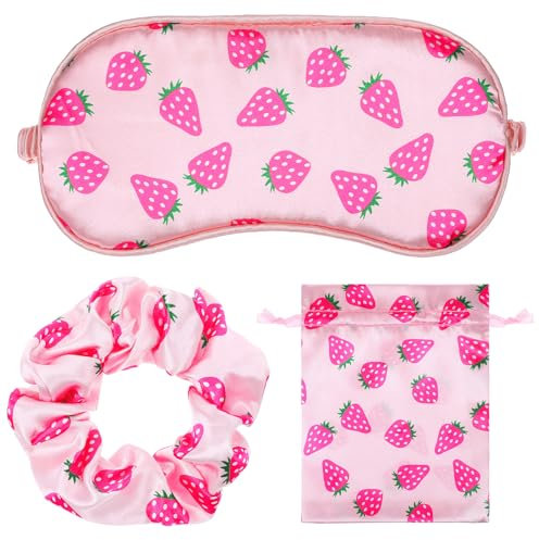 Dimeho Erdbeer Seiden-Schlafmaske, Weiche Augenmaske zum Schlafen Süße Cartoon-Schlaf-Augenmaske mit Verstellbarem Riemen Augen-Schlafschutz für Reisen Blockiert Licht mit Haarband