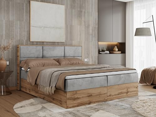 MKS MEBLE Boxspringbett 200x200 mit Bettkasten Holz Holzrahmen, Boxbett 200x200 mit Matratze H4 und Kopfteil - Hellgrau Velvet - Albero-2