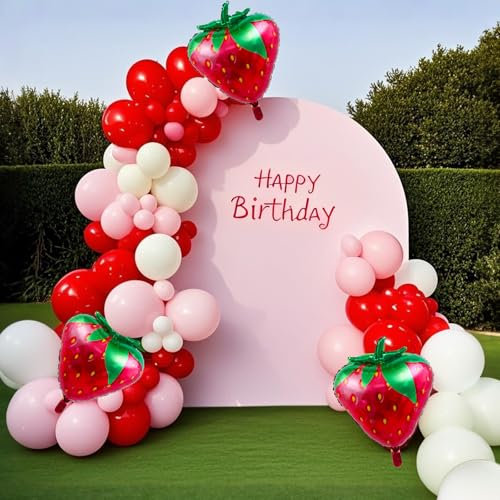 Shyhfdc Erdbeer-Ballon-Bogen-Girlande-Set, 86 rote und rosa Luftballons mit Erdbeer-Folienballons für Mädchen, süße Babyparty und Beeren-Dekoration für den ersten Geburtstag