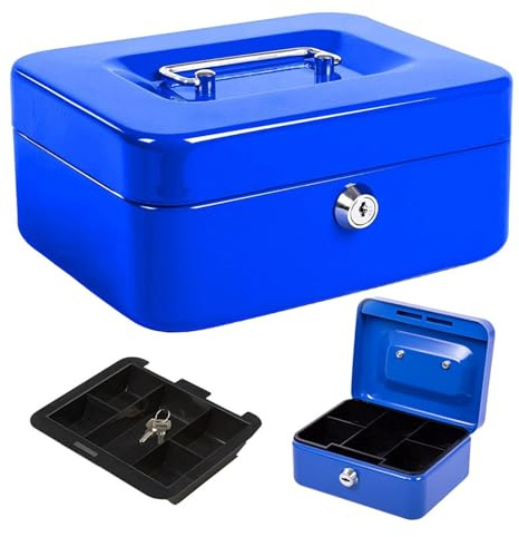 Marco Paul 10 Inch Blue Heavy Duty Money Box with Lock Metal Lock Box Money Tin Cash Boxes With Keys Petty Cash Tin Money Saving Box for Adults Strong Large Metal Money Safe for Cash
