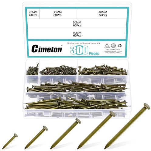 Cimeton Ziegelstahlnägel, 5 Größen, 20 mm, 30 mm, 40 mm, 50 mm, 60 mm, Beton, Wand, Zement, Nägel, schwarze Stahl-Hardware, Nägel, für Ziegel und Hartholz, 300 Stück