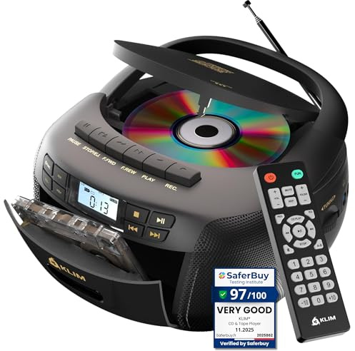 KLIM Lettore CD e cassette a nastro, Boombox Bluetooth, radio AM/FM, suono stereo, telecomando, combo CD e cassette, registrazione su nastro, unità USB, AUX, alimentazione CA/CC, nero/oro