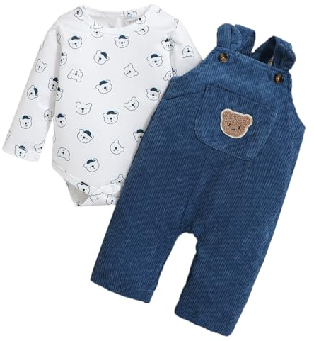 UUAISSO Vestiti per Neonati Maschi Top a Maniche Lunghe in Velluto Coste con Stampa di Orsi Pantaloni Bretelle Salopette con Tasche Blu scuro 6-12 mesi