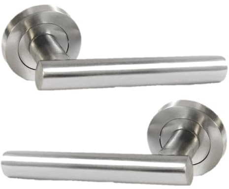 Satin Nickel Door Handles on Round Rose – Modern Stainless Lever Handles – Available in Standard, Bathroom (Thumb Turn), and Lock (Keyhole) Versions – Packs 1-6 (1 x Pair of Handles)