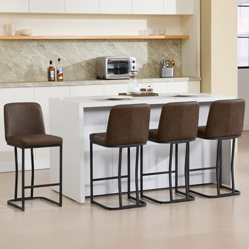 Chummaven Kunstleder Barhocker 4er Set Tresenhocker mit Lehne, Braun | gepolstert, mit Metallgestell, Fußstütze, Design ohne Armlehnen, Industriestil moderne Küchenhocker für Kücheninsel, Hausbar