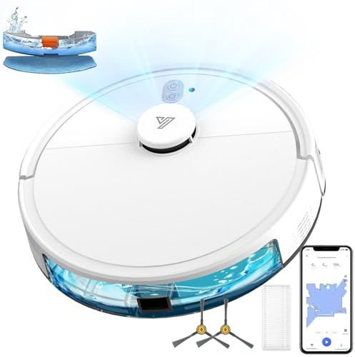 Yigars Robot Aspirateur Laveur 2 en 1 avec Cartographie LiDAR, Jusqu'à 4000 Pa, Navigation Intelligente, WiFi/App/Voix, Autonomie 120 Min, Évitement d'obstacles, Idéal pour Poils d'animaux, White