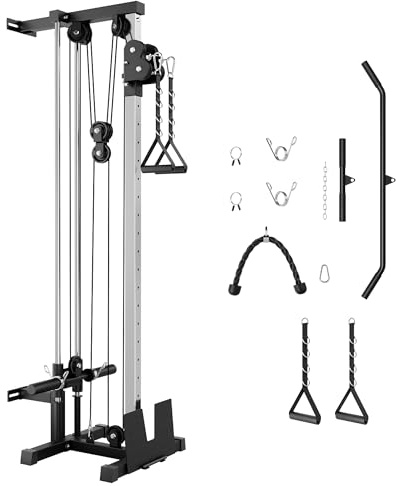 Wall Mount Cable Station – Dual Pulley Cable Crossover Machine with 18 Adjustable Positions, Tricep Rope, T-Bar, LAT Pulldown Bar & Foot Board for Home Gym Strength Training