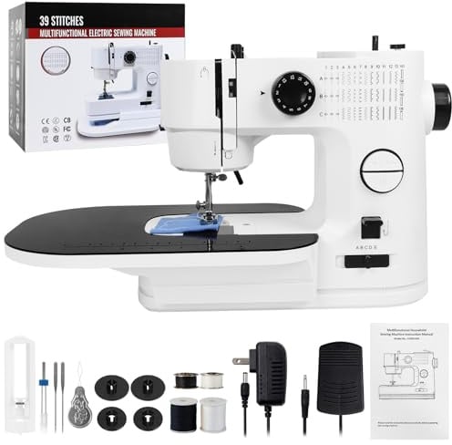 Nähmaschine für Anfänger mit Anschiebetisch, Qoosea 39 Stiche Klein Nähmaschine Kinder Portable Mini Sewing Machine mit LED-Licht, Tragbare Elektrische Nähmaschinen Haushalts für DIY, Kleidung