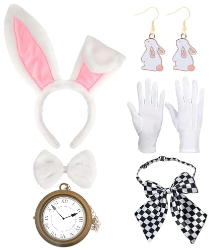RAOPNHS Hasenkostüm Erwachsene Set, Weißes Kaninchen Outfit mit Uhr Hasenschwanz und Ohren, Bunny Girl Cosplay Zubehör für Osterhasen Kostüm Damen Mottoparty