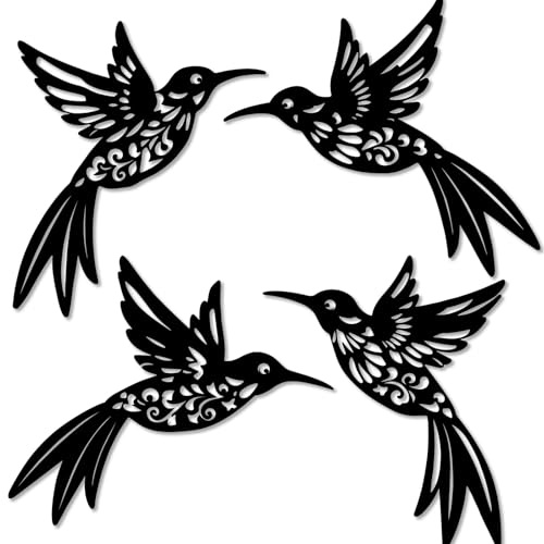 YiYa 4er-Set Metall Kolibri Wandkunst Deko Boho Kolibri-Wand-Dekor(Schwarz) | Rustikale Vogel Wanddekoration für Innen Außen, Wohnzimmer Schlafzimmer Patio Garten