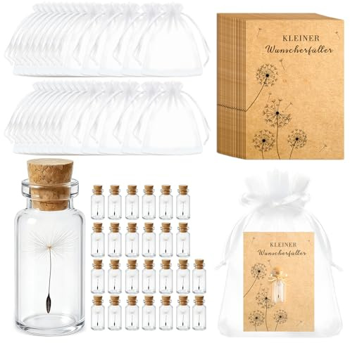 Giftota 26 Set Wunscherfüller Glücksbringer, Echte Pusteblumen im Glas | mit Grußkarte, Mullbeutel und Hanfseil, Perfekte Dankeschön Geschenke für Frauen zum Geburtstag, Hochzeit und Jubiläum