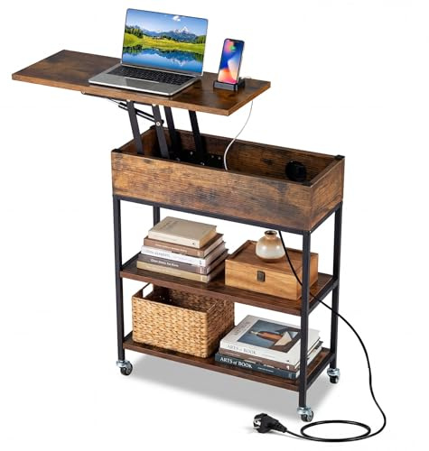 COSTWAY Table d'Appoint Relevable avec Prise, Table a Lit Roulante 2 Niveaux, Port USB Type-C,Compartiment Caché, Étagères Ouvertes, Bout de Canape Mobile pour Salon, Chambre