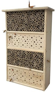 Relaxdays Bienenhotel, Holz, Bambusröhrchen, HBT: 40 x 26 x 10,5 cm, Garten, Balkon, Insektenhotel zum Aufhängen, Natur