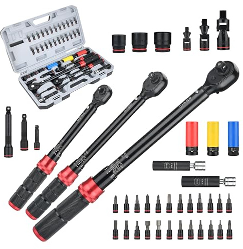 1/4 & 3/8 & 1/2-Zoll Knarren-Drehmomentschlüssel, 41-teiliges Drehmomentschlüssel-Set mit Steckschlüsseln und Verlängerungen, Inbus, Torx, magnetische Zündkerze für Auto, Motorrad und Fahrradreparatur