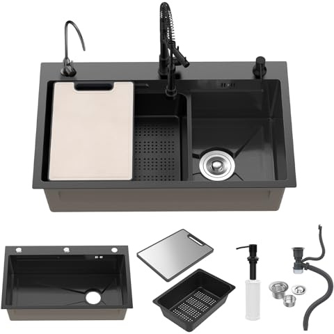 Fregadero negro, 75 x 45 cm, fregadero empotrable con un lavabo, negro de acero inoxidable con accesorios, color negro