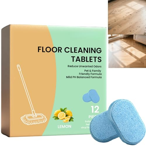 12pcs Floor Cleaner Tablets,Multifunctional Water Cleaning Tablets for Mopping with Fresh Lemon Scent,Creates Waterproof Dustproof Protective Layer,Safe Non-Irritating Pet Friendly for All Floor Types