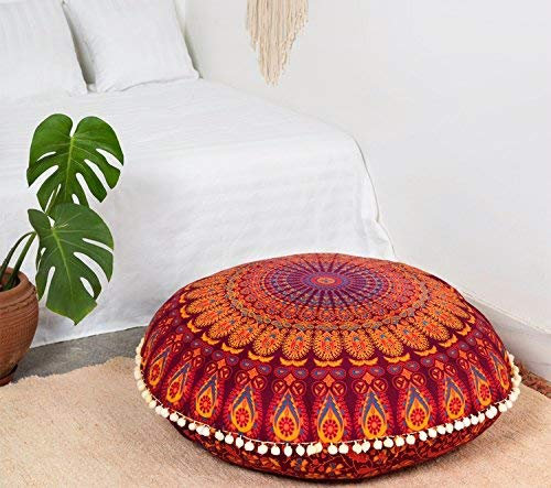Popular Handicrafts Bodenkissenbezug, Hippie-Mandala-Kissenbezug groß mit Pompons weichen Partikeln, Pouf-Bezug, rund, böhmisches Yoga-Dekor, 81 cm, Kastanienbraun