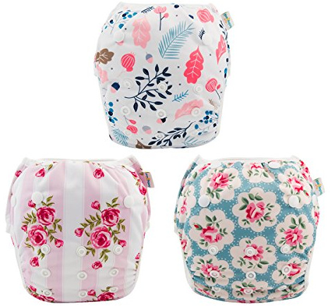 Babygoal Baby Girl Swim Diapers 3 Pack for 8M-3T Babies and Toddlers, Reusable Adjustable Washable for Swimming Lessons-Flower