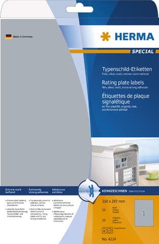HERMA Etikett, Laser/Kopierer, auf A4-Bogen, selbstklebend, Polyesterfolie, 210 x 297 mm, silber, matt (25 Stück), Sie erhalten 1 Packung á 25 Stück