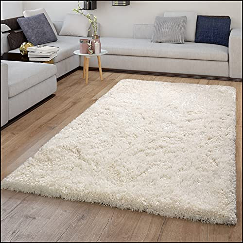 TT Home Teppich Hochflor Flokati Look Flauschig Langflor Einfarbig Trend Shaggy In Weiß, Größe:120x160 cm
