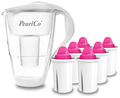 GLAS-Wasserfilter PearlCo (weiß) mit 6 Magnesium classic Filterkartuschen - Made in EU