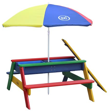 AXI Nick Table Sable et Eau / Table Pique Nique avec Parasol, Bois Multicouleur | Table Jeux d'eau avec Couvercle, Boîtes de Rangement & Parasol | Table d eau Extérieur pour le jardin - 95x97x48cm