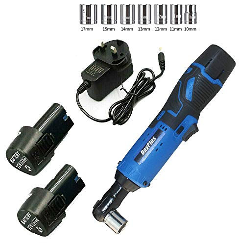 Powerful 12V Electric Cordless Right Angle Wrench 3/8'' Ratchet Tool Charger Kit 40N.m Torque with LED Lamp+ 2 Li-Ion Batteries + 1 Fast Charger + 7 Sockets Set