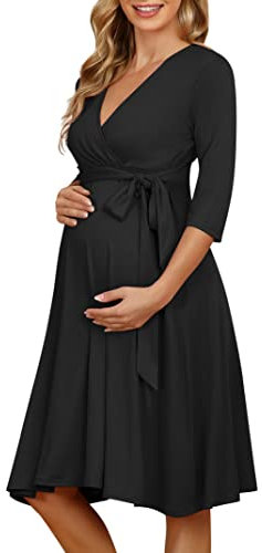 KOJOOIN Robe de maternité Femme Robe de Grossesse pour Femme Enceinte Robe d'allaitement col V Manches Longues avec Ceinture,Le Noir,M