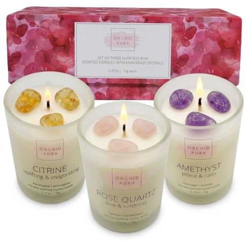 Soy Candles with Crystals. Citrine, Rose Quartz, Amethyst Crystal | Eucalyptus + Lemongrass, Jasmine + Sandalwood, Clary Sage + Lavender. 3PC Scented Crystal Candle Set, 2.47oz Each