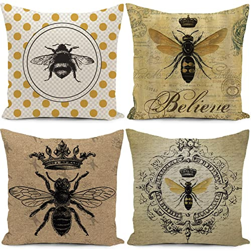 HUASHUZI Cushion Covers Bee Retro Yellow Pillow Covers Case For Decorative Sofa Back Throw Pillow Cover Home Office Car Decoration 18x18 Inch Set of 4