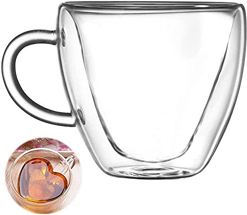 Tazza in Vetro A Doppia Parete da 240 Ml, Tazza A Cuore Adorabile Creativa Resistente al Calore A Doppio Strato, Tazza da caffè in Vetro Trasparente, Tazza da Latte con Manico, Tazza da tè.