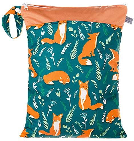 Happy Cherry Kindergarten Wetbag Waschbar Organisator Dreckige Kleidung Nass und Trocken Windelbeutel Wasserdicht Nasstasche Groß Unterwegs Grün Fuchs