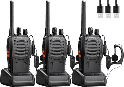 Walkie Talkies Long Range Rechargeable Walkie Talkie Set Portable Handheld 16Channels Two Way Radio with Earpiece,Build in LED Light for Adults Outdoor Jobs Travel Communication (3 pcs)