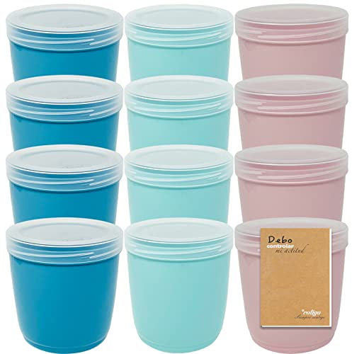 Codil Confezione da 12 scatole rotonde piccole riutilizzabili in plastica senza BPA con coperchio per lavastoviglie, freezer e microonde, colore: Rosa/Verde/Blu