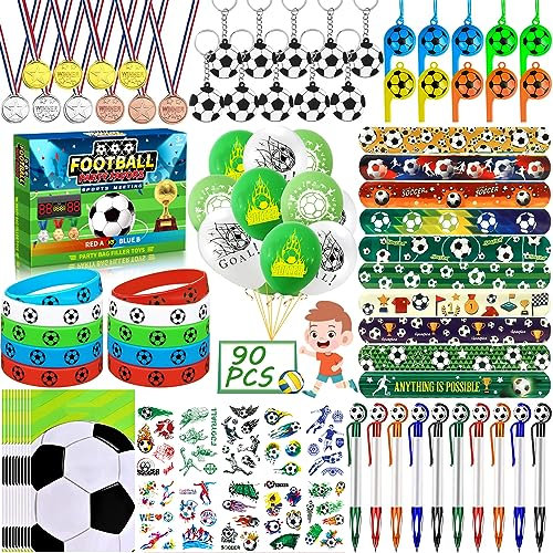 Frasheng 90 pcs Artículos de Fiesta Fútbol, Cumpleaños, Piñata con Globo, Llavero, Pulsera de silicona, Silbato, Medallas, Tatuaje, Bolígrafo, Bofetada, Bolsas de Regalo