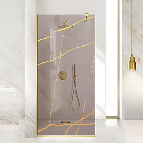Aqua Roy Gold, Model Marble Golden, Size 90 cm from 70/80/90/100/110/120, Walk in Shower Screen, 8 mm Bronze Glass, with Nano Coated Sandblasted Pattern (90x195 cm)