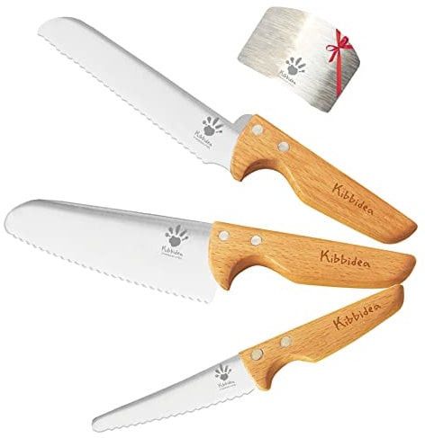 Kibbidea Kids Safe Knife Set for Real Cooking, Stainless Steel, Wooden Handle, Kids Chef Knives 4 Sizes for Vegetables, Fruits, Bread and Salad, Child Toddlers Knife for 3, 4, 5, 6 Years Old