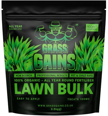 Grass Gains Lawn Bulk Grass fertiliser (Black Edition), 100% Organic Lawn fertiliser, Results in 5 Days & Lasts 6 Months, Covers 100m2, No Scorch Care, Child & Pet Friendly Feed 2.5KG