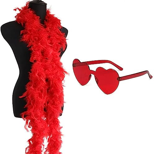 gotyou Federboa, 2M Bunte Feder Boas mit randlosen Sonnenbrillen, Turkey Feather Boas, Flauschige Federboa, Federboa Fancy Kleid, Federstola Federschal Kostüm Karneval für tanzende Hochzeitspartys