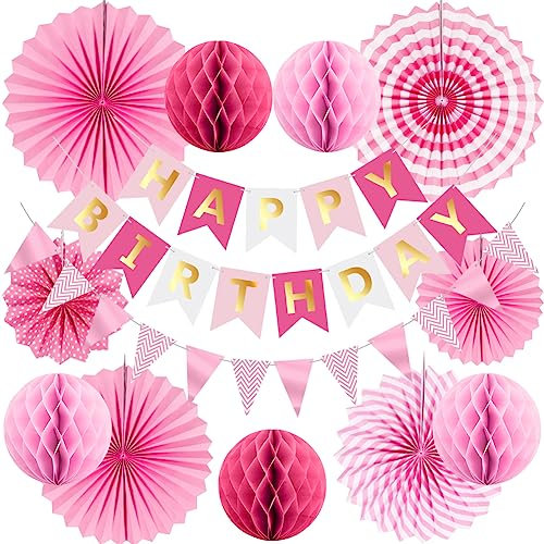 Pink Reusable Birthday Decorations Kit Pink Birthday Party Decorations Reusalbe Birthday Banner Bunting Honeycomb Paper Lanterns Paper Fans