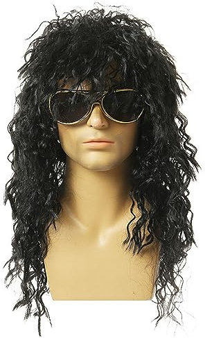 SKHAOVS 80er Rocker Perücke Schwarz Herren 80er Jahre Vokuhila Perücke Rocker Punk Popstar Perücke Disco Punk Männlich Kostüm Für Fasching Karneval Motto Party Und Cosplay (Schwarz)
