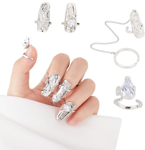NICENEEDED Silberne Punk-Klauenringe Mit Fingernägeln, Verstellbare Offene Nagelringe Mit Strasssteinen Zur Handdekoration, Unregelmäßiger Fingerspitzen-Nagelpanzerring Für Cosplay-Kostümdekoration