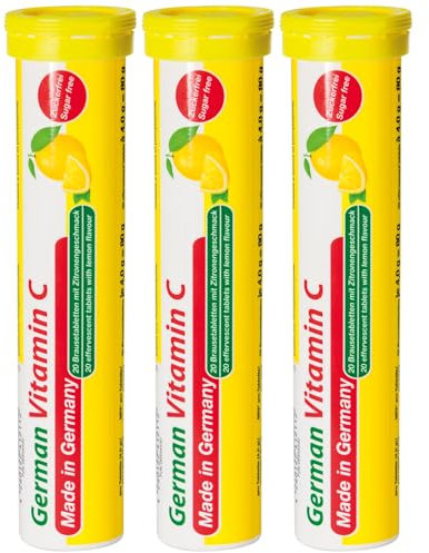 German Vitamin C 60 Drink Effervescent Tablets – Lemon/Lime Flavour, Sugarfree, Vegan – 180 mg Vitamin C – T&D Pharma – Made in Germany