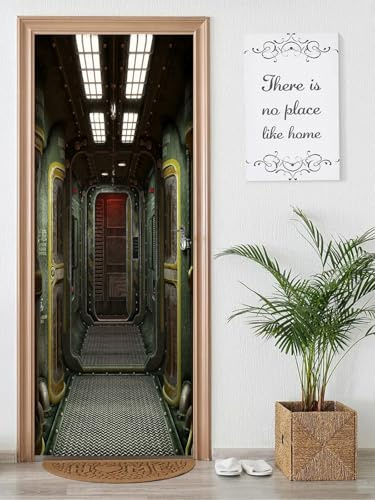 FLFK 3D Türtapete selbstklebend - Raumschiffluke und Korridor Türtapete Wandbilder- Mauer Aufkleber - Wasserdicht TürPoster für Zuhause Dekor 85x215cm