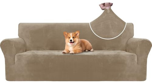 CYCMACO Samt Sofa Überzug 3 Sitzer, Sofabezug Elastische, Couch Überzug Haustier Katze Hunde, Universal Sofa Cover Moderne, Sofahusse Mit Armlehnen, Sofaschoner rutschfest, Kamel